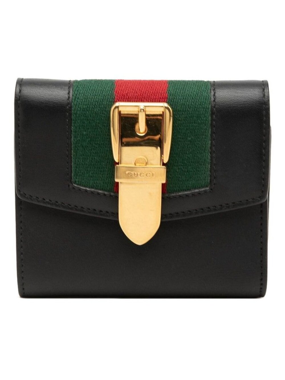 Gucci Sherry Line Sylvie Trifold Wallet Black Gold Leather